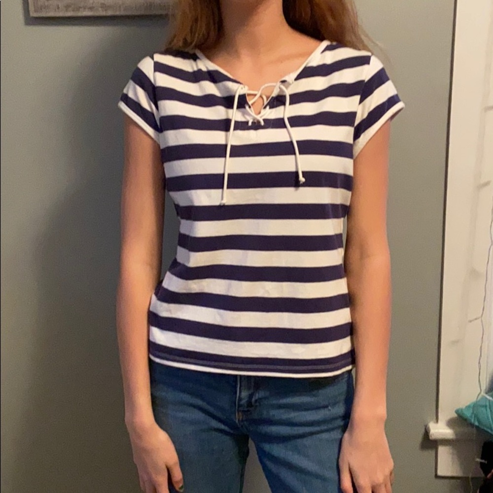 Blue and white striped shirt with cross neck